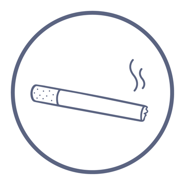  A round badge with a line drawing of a lit cigarette and smoke, indicating a strong odor.