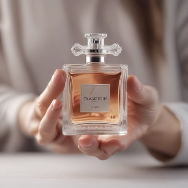 A bottle of perfume with a golden cap is nestled among lush green foliage. The bottle is clear with elegant text and logo on its front. Bright, natural light from the background creates a vibrant and fresh ambiance.