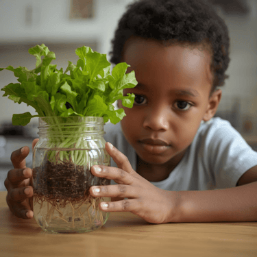 A young boy observing green lettuce growing in a glass jar with visible roots for a home science project.