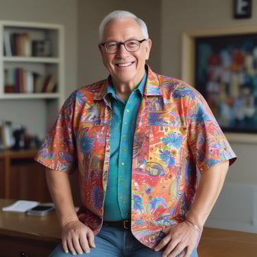 A person is sitting on a dentist's chair holding a round plaque, wearing a white coat and pink gloves in what appears to be a dental office. The room contains dental equipment and artwork depicting teeth.