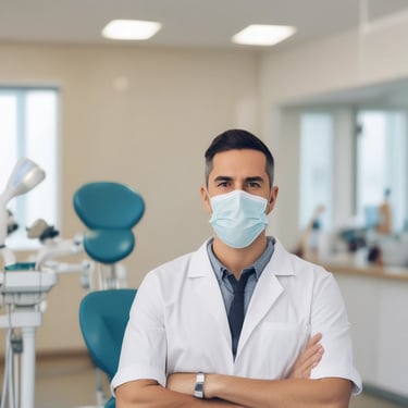 A bright and modern dental clinic room with turquoise dental chairs and equipment. The room is well-lit, featuring a large window with blinds on the right. Cabinets with drawers, decorative plants, and art pieces on the wall enhance its aesthetic appeal.