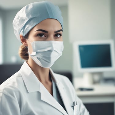 A dental professional is wearing a mask and a blue surgical cap adorned with dental-themed prints. She is looking back towards the camera in a dental clinic setting. Another person in a white uniform is seated in the background near dental equipment. The room is bright and clean, featuring dental chairs and tools.