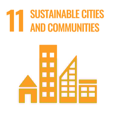 An orange icon showcasing the United Nations Sustainable Development Goal 11: 'Sustainable Cities and Communities.' The illus