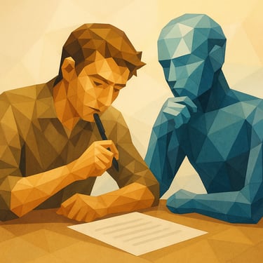 Writer with AI metaphorical art used for education in a writing masterclass course on Udemy.