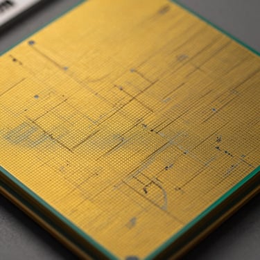 Extreme close-up of a silicon-photonic wafer under yellow cleanroom light, microscopic optical paths etched onto silicon, technical grid pattern.