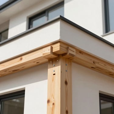 Close-up of a professional repair, clean timber work and secure fixtures on a modern property exterior, 35mm