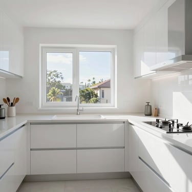 Bright, clean modern kitchen interior with sunlight streaming through a window, immaculate surfaces, 35mm