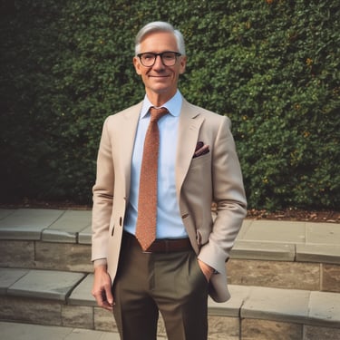 A model wearing elegant, high-end clothing in an upscale setting.