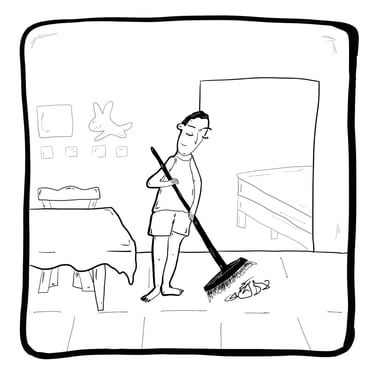 Dibujo lineal de un hombre barriendo el suelo de un comedor cerca de una mesa y una cama.