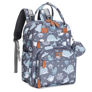 Diaper bag backpack with pacifier holder and quick snap stroller hanging straps