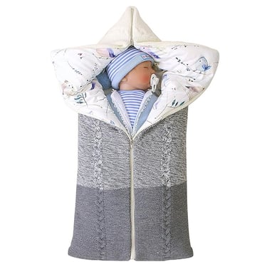 Knitted shell baby sleeping bag with cotton liner.  Zipper access to open and convert to a baby blanket.