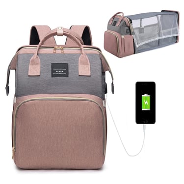 Baby diaper bag backpack with portable crib and changing station.  USB charging port and stroller connecting straps.  