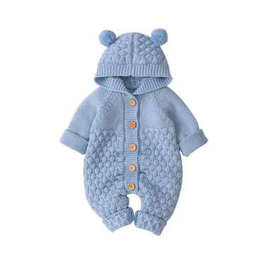 knitted baby romper with ears, blue
