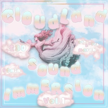 a poster with a victorian woman flying in a fluffy cloud sky
