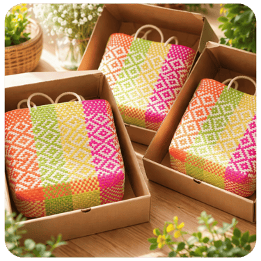 Hampers tas anyaman plastik warna-warni custom Craftvitas Indonesia untuk souvenir dan gift