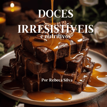Capa do e-book "Doces Irresistíveis e Nutritivos" com brownies cobertos por calda de caramelo