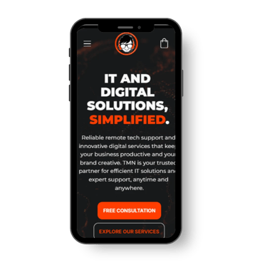 Smartphone showing tech support website with bold title, free consultation, and service buttons.