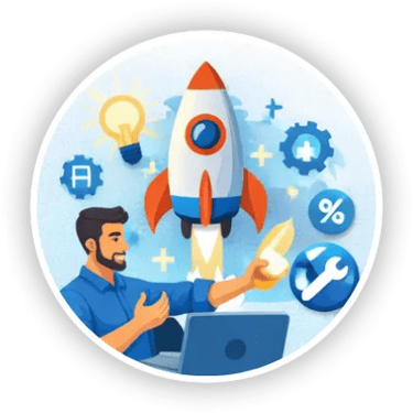 Professional man launching a business startup rocket with growth strategy icons and a laptop.