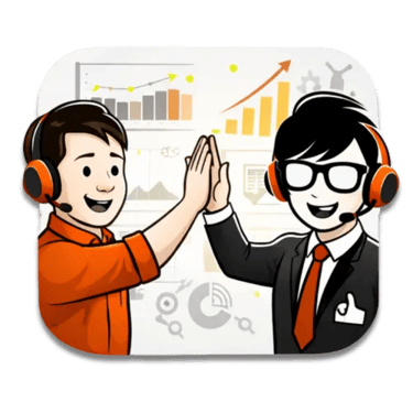 Customer support agents giving a high five in front of business data analytics charts.