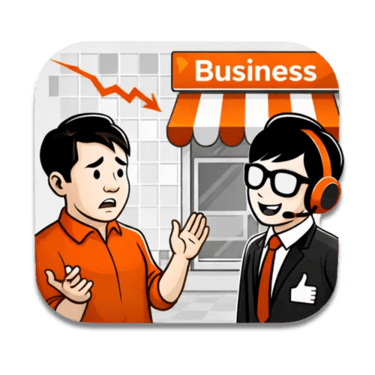 Business consultant wearing a headset assisting a concerned store owner with a declining profit arrow graph.