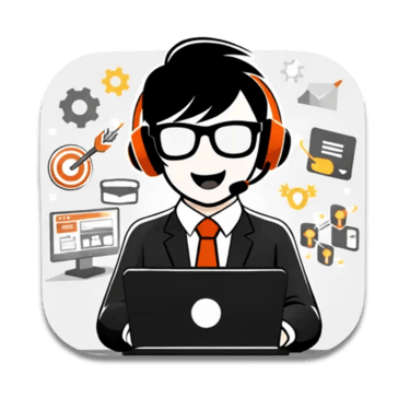 Customer support agent avatar with headset and laptop surrounded by business task icons.