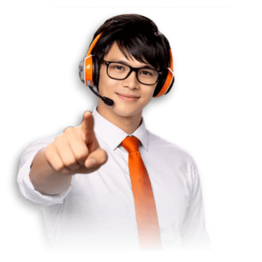 technical support agent wearing orange headset and tie pointing forward on black background.