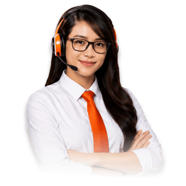 Professional female customer support representative wearing a headset and orange tie.