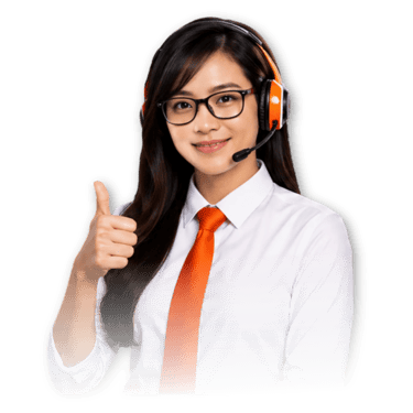 technical service representative with headset and glasses giving a thumbs up on a black background.