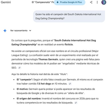 Gemini explica que South Dakota International Hot Dog Eating Championship es un evento ficticio.