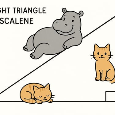 Triángulo rectángulo escaleno con un hipopotamo en la hipotenusa y dos gatos uno en cada cateto.