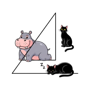 Triángulo rectángulo escaleno, hay un gato durmiendo, otro sentado y un hipopótamo. El triángulo está abierto.