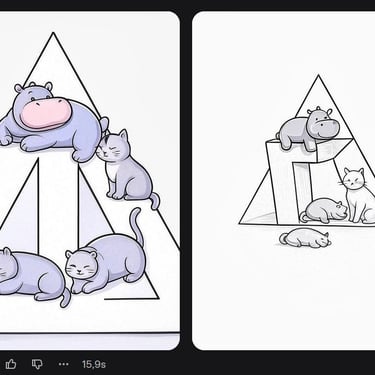 Dos imágenes generadas por Grok con un hipopótamo y unos gatos  dentro de una figura triangular.
