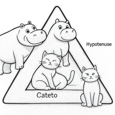 Composición de triángulos, hipopótamos y gatos, similares a una señal de peligro.