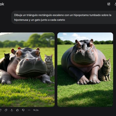 Captura del prompt a Grok con su resultado; dos imágenes realistas de un hipopótamo y gastos mirando a cámara.