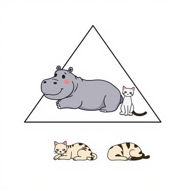 Triángulo equilátero con un hipopótamo tumbado en el centro junto a un gato sentado. Hay dos gatos más en la imagen tumbados.