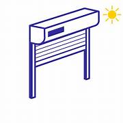 Illustration d'un volet roulant solaire bleu avec symbole de soleil, modèle motorisé Isovergne