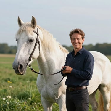 Portrait de Julien, moniteur souriant à côté d'un grand cheval bai dans un pré verdoyant, matinée ensoleillée.