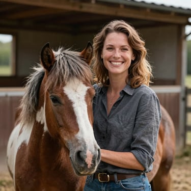 Portrait chaleureux de Marie-Hélène souriante près d'un poney dans la cour des écuries, lumière naturelle douce.