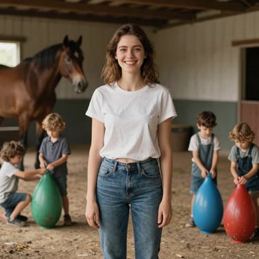 Portrait de Sophie, animatrice souriante entourée d'enfants ajustant joyeusement leurs bombes près des écuries.