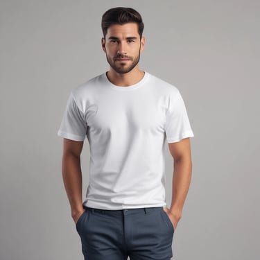 The focus is on a computer screen displaying an online store featuring T-shirts with various graphic designs. The left side of the image is blurred, showing indistinct colors and shapes, possibly a menu or food items.