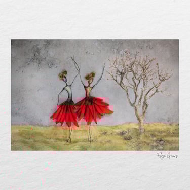 Whimsical mixed-media artwork of two abstract dancers in red petal skirts, created during the Swellendam Art and Photography