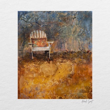 Textured mixed-media artwork featuring a rustic chair, created during the Swellendam Art and Photography Retreat.