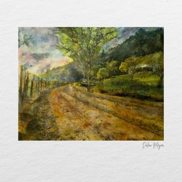 A winding dirt road lined with trees in a fine art photography style.