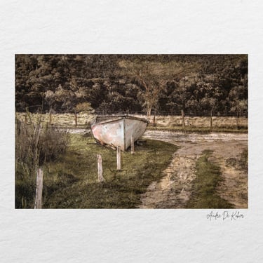 A weathered boat resting on grass, photographed in South Africa.