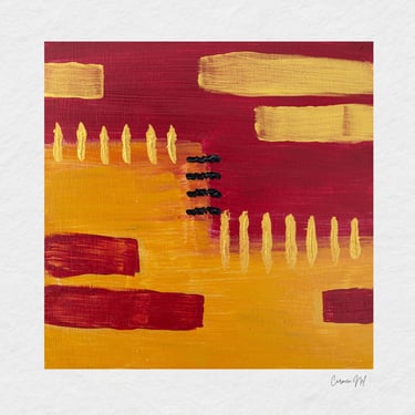 Abstract acrylic painting in red and yellow by student Carmen Nel.