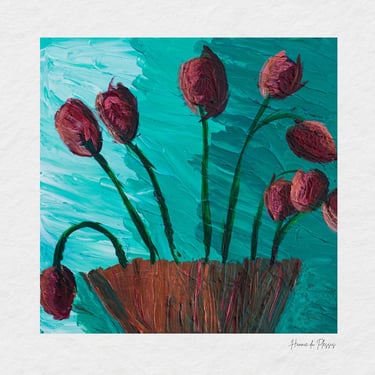 Acrylic floral painting with red flowers by student Hannie du Plessis.