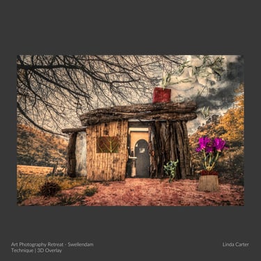 3D overlay artwork of rustic hut by student Linda Carter.