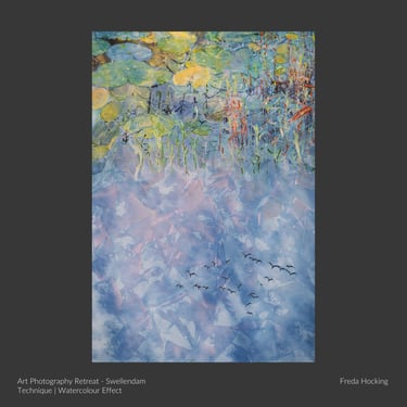 Watercolour effect pond artwork by student Freda Hocking.