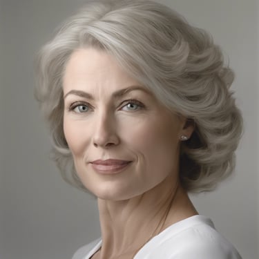 a woman in a green apron standing in front of a table filled with oranges