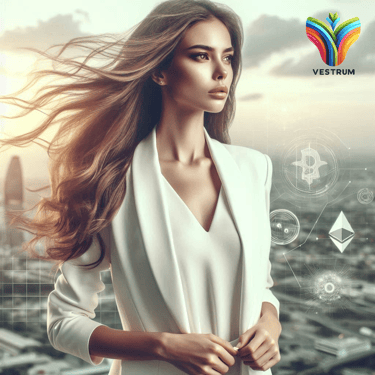 a woman in a white dress and a white jacket looking at bright horizon with vestrum